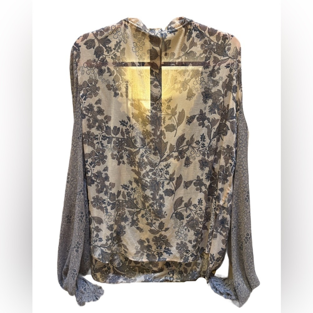 Free People HENDRIX Floral Peasant button down drawstring tassel blouse in ivory - Picture 8 of 8